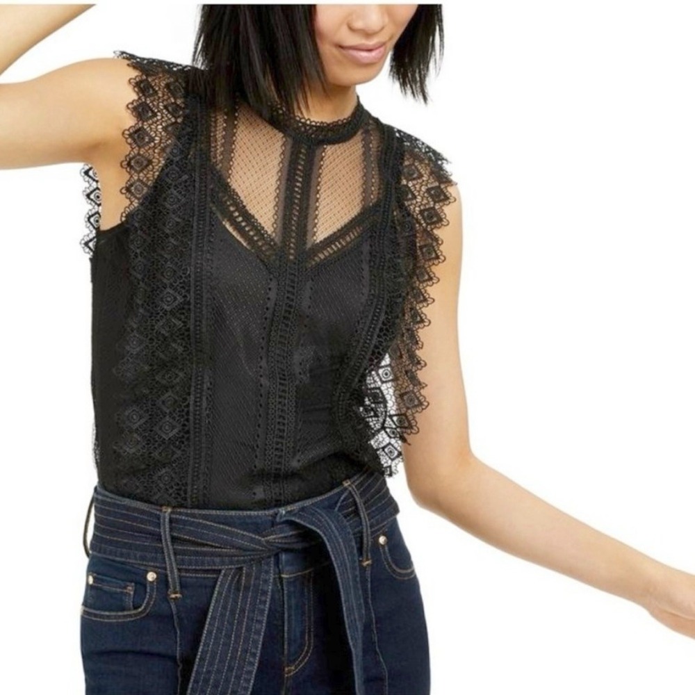 INC International Concept NWT Lace Mock Neck Sleeveless Top Black XXL Whimsigoth